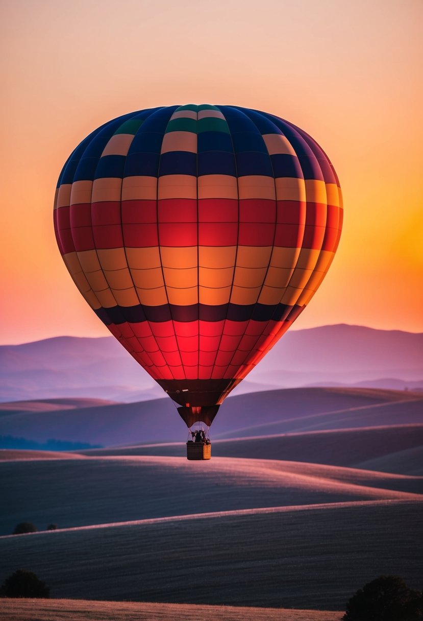 A colorful hot air balloon floats over rolling hills at sunset