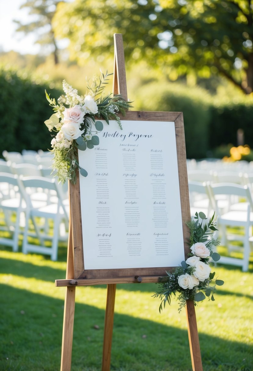 A rustic wooden easel stands in a sunlit garden, adorned with flowers and greenery, ready to display a wedding program or seating chart