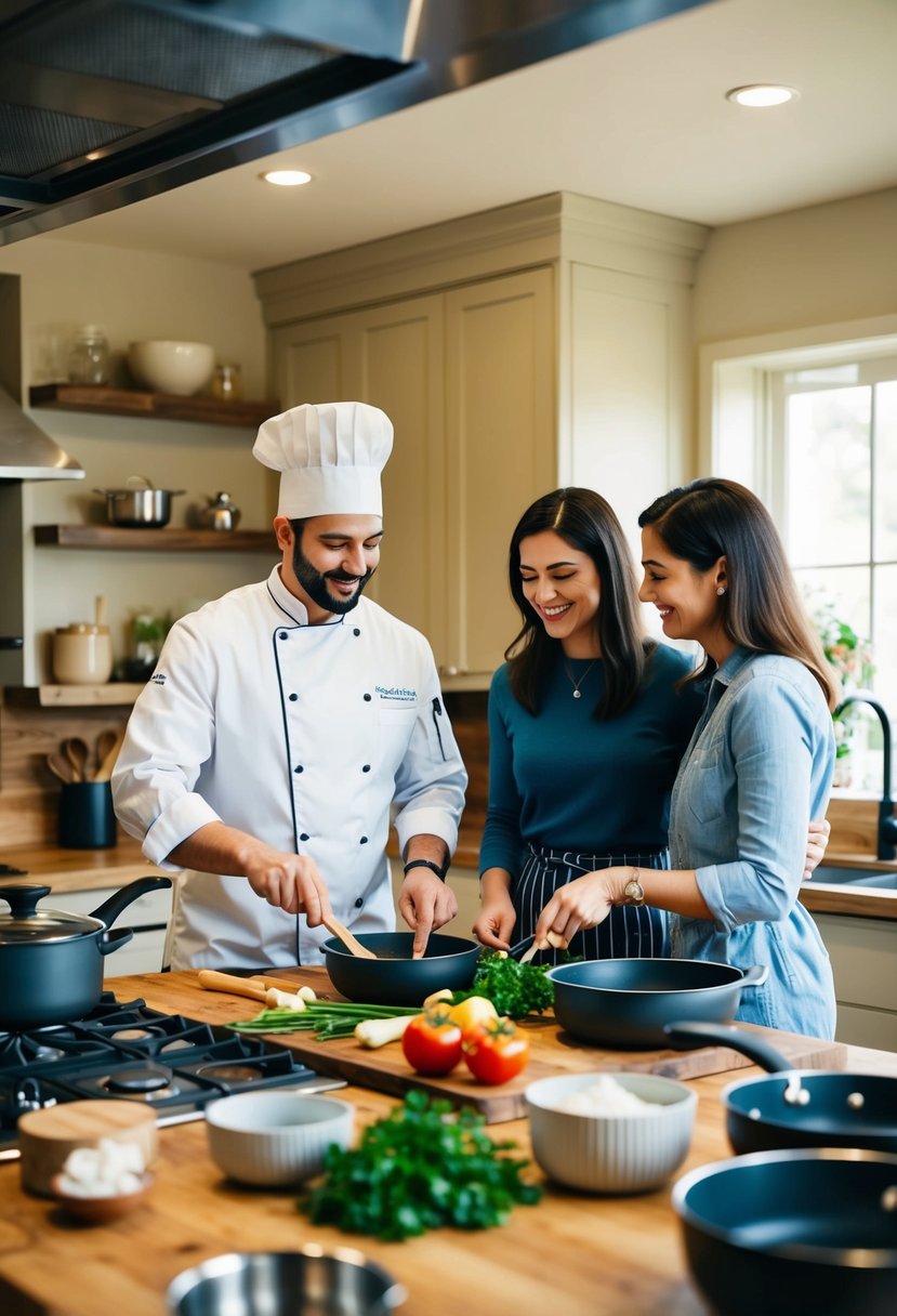 A cozy kitchen with a chef demonstrating cooking techniques to a couple, surrounded by pots, pans, and fresh ingredients