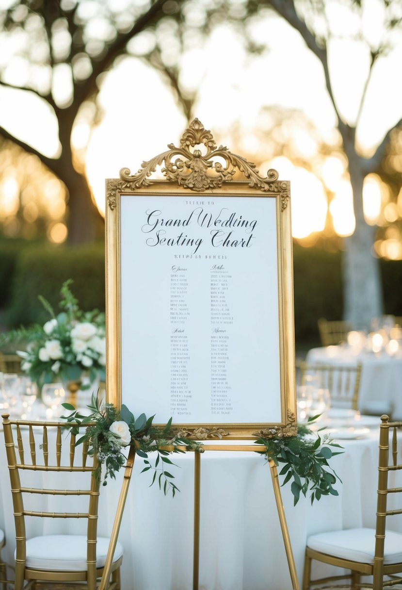 An ornate gold easel holding a grand wedding seating chart