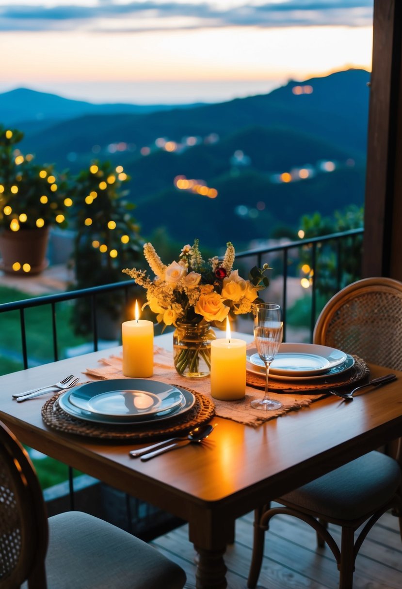 A cozy table for two with candlelight and flowers, overlooking a picturesque view