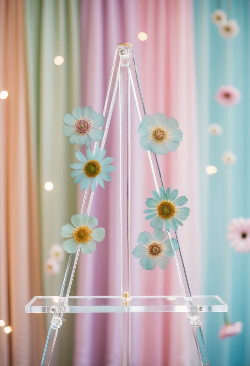 A lucite easel adorned with delicate pressed flowers, set against a backdrop of soft pastel hues, creating a romantic and whimsical wedding display