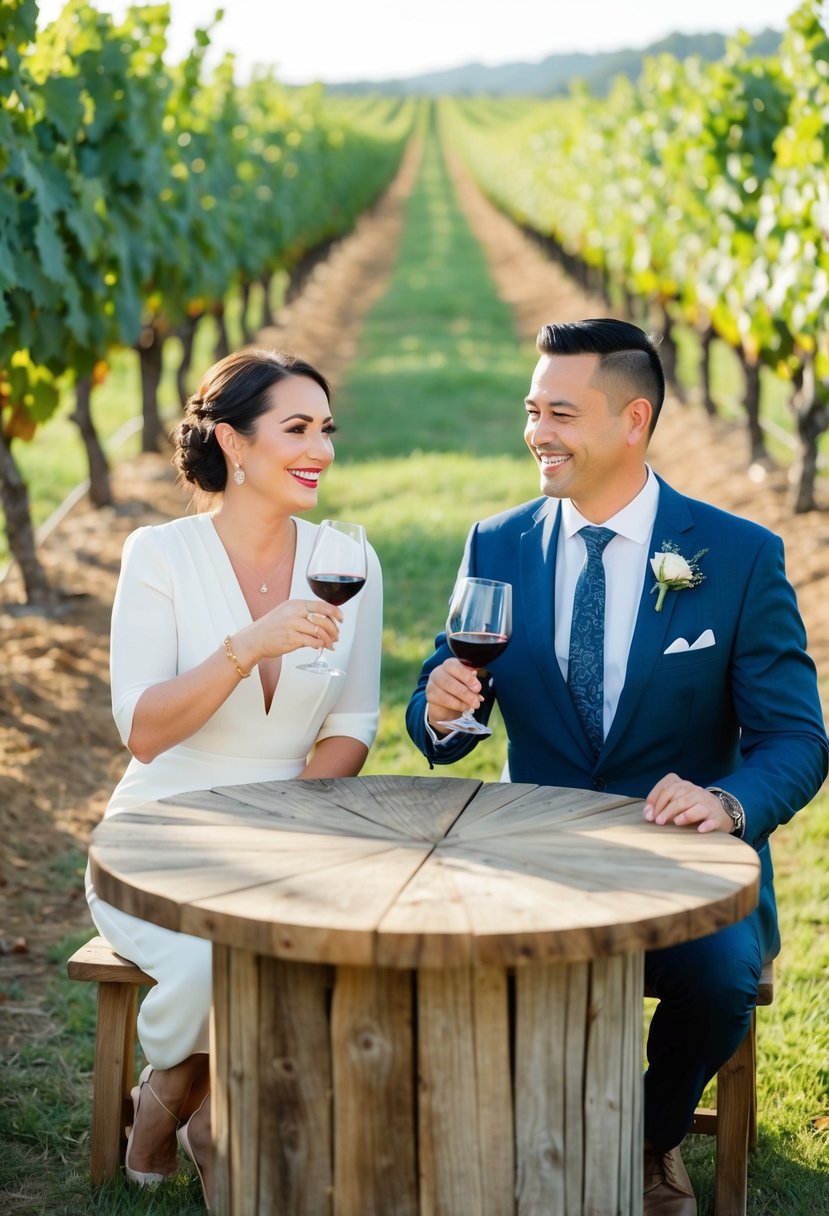 A couple enjoying a wine tasting at a local vineyard on their wedding anniversary. Rows of grapevines stretch out in the background, with a rustic wooden tasting table set up in the foreground