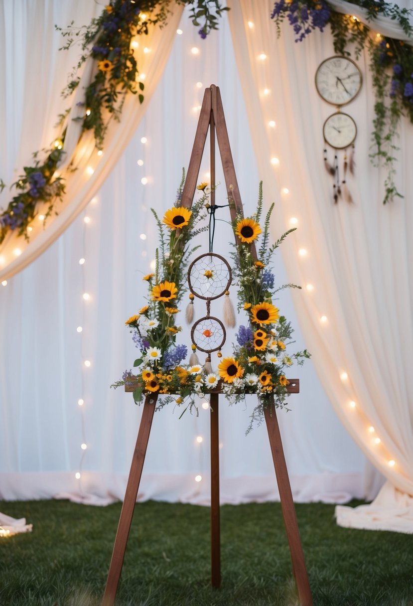 An A-frame easel adorned with wildflowers and dreamcatchers, set against a backdrop of flowing fabric and twinkling fairy lights