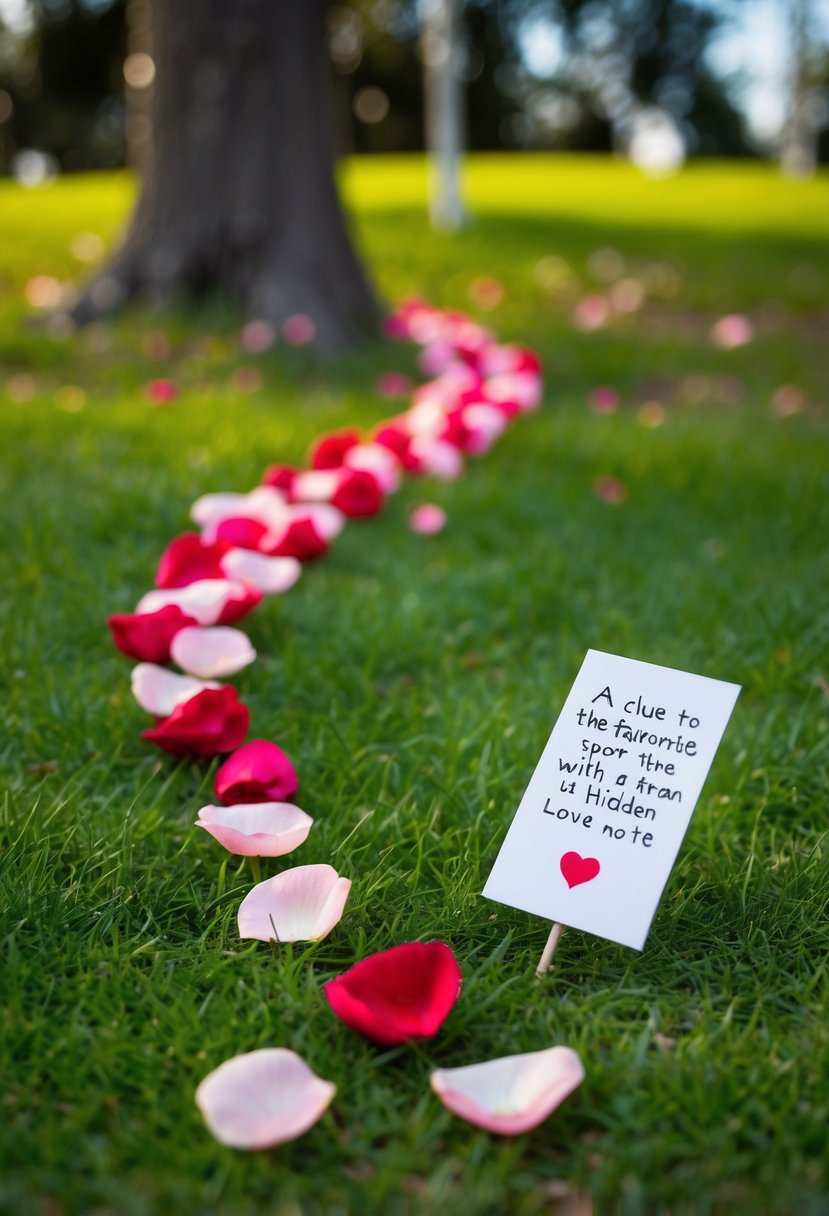 A trail of rose petals leading to a hidden love note under a favorite tree, with a clue to the next romantic spot