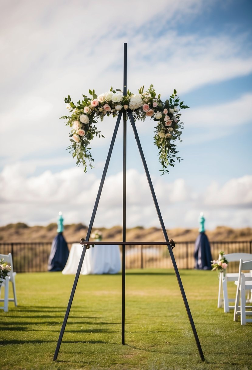 A sturdy metal easel stands tall against a backdrop of a windy outdoor wedding venue, with decorative elements and flowers adorning its frame