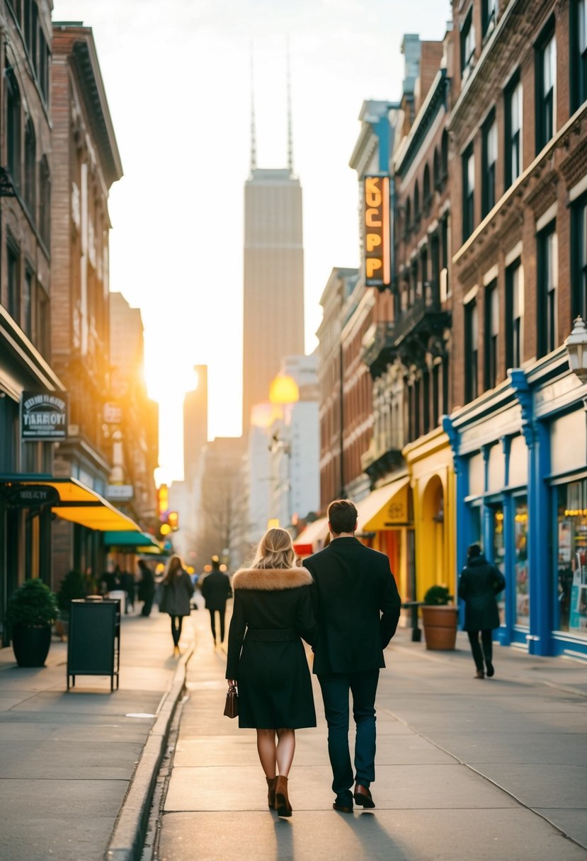 A couple strolls through a bustling city street, admiring historic architecture and colorful storefronts. The sun sets behind the skyline, casting a warm glow over the scene