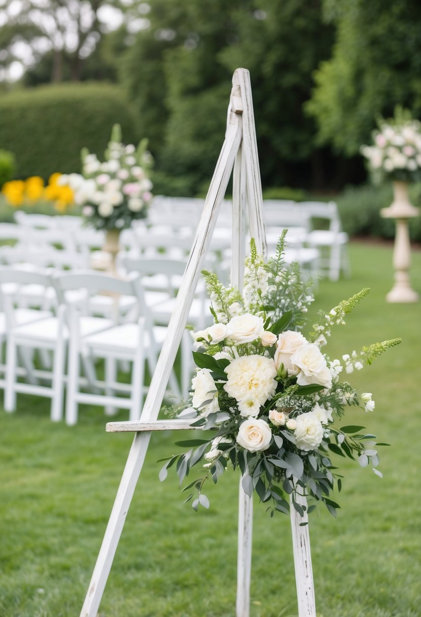 A whitewashed easel adorned with flowers in a romantic garden setting, perfect for a wedding