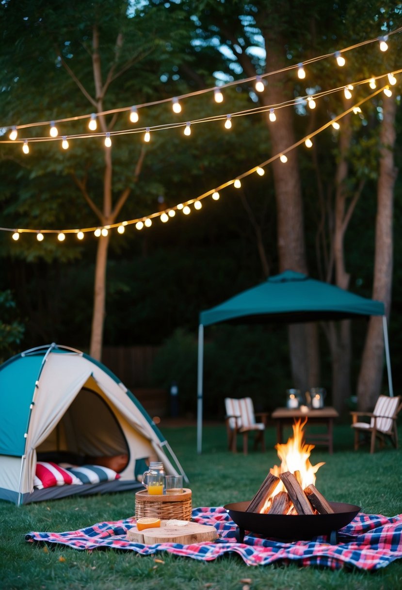 A cozy backyard setup with a tent, string lights, picnic blanket, and a bonfire