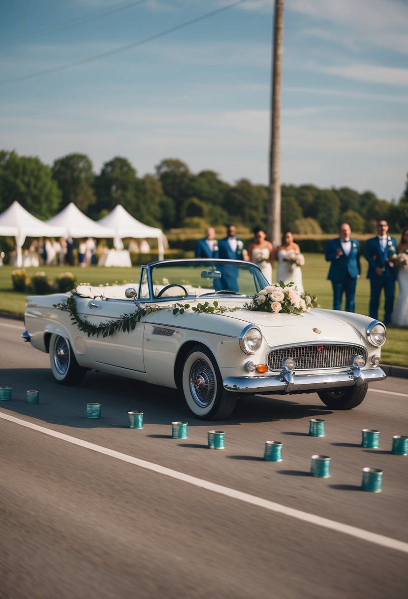 A vintage convertible decorated with flowers and ribbons speeds away from the wedding venue, trailing tin cans behind it