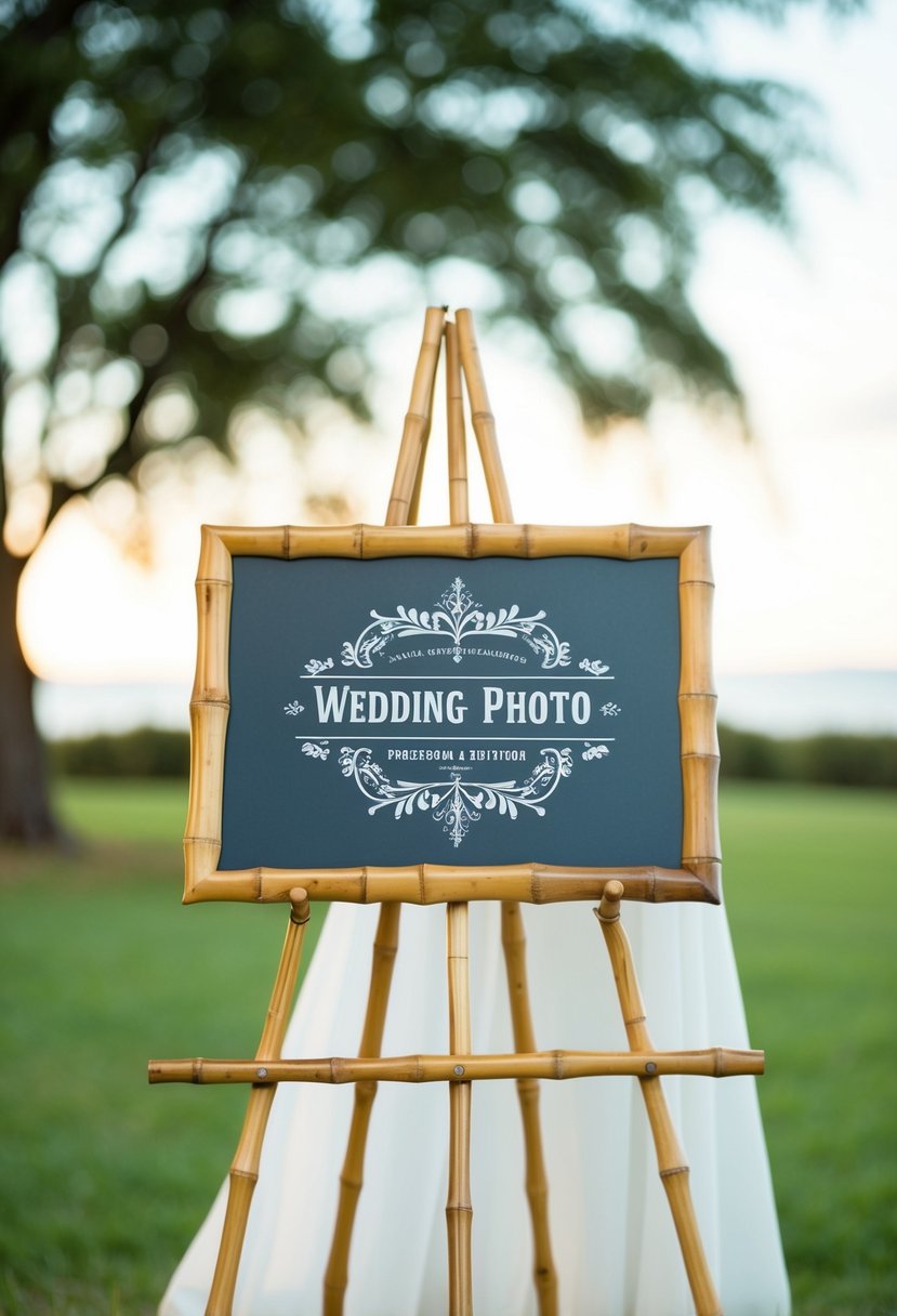 An outdoor wedding setting with a bamboo easel holding a decorative sign