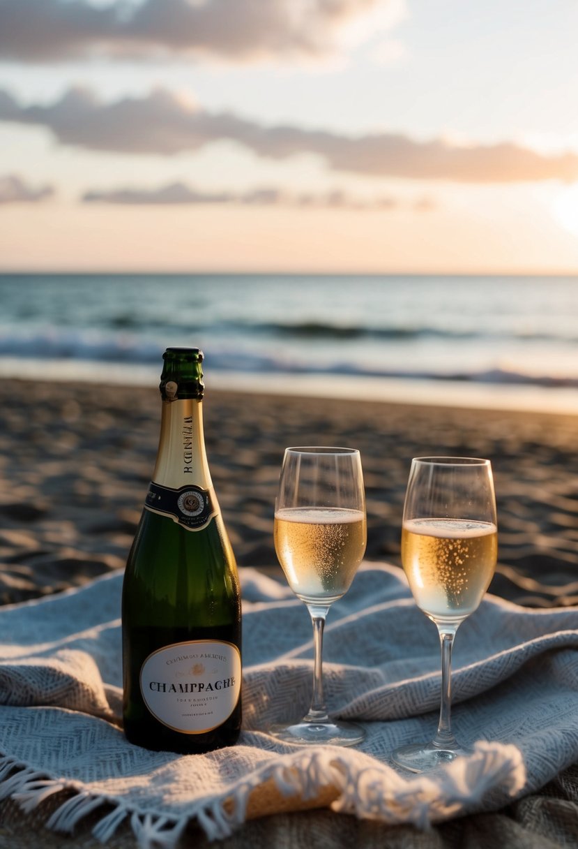 A beach at sunset, a bottle of champagne on a blanket, two glasses, and a romantic setting for a wedding anniversary celebration