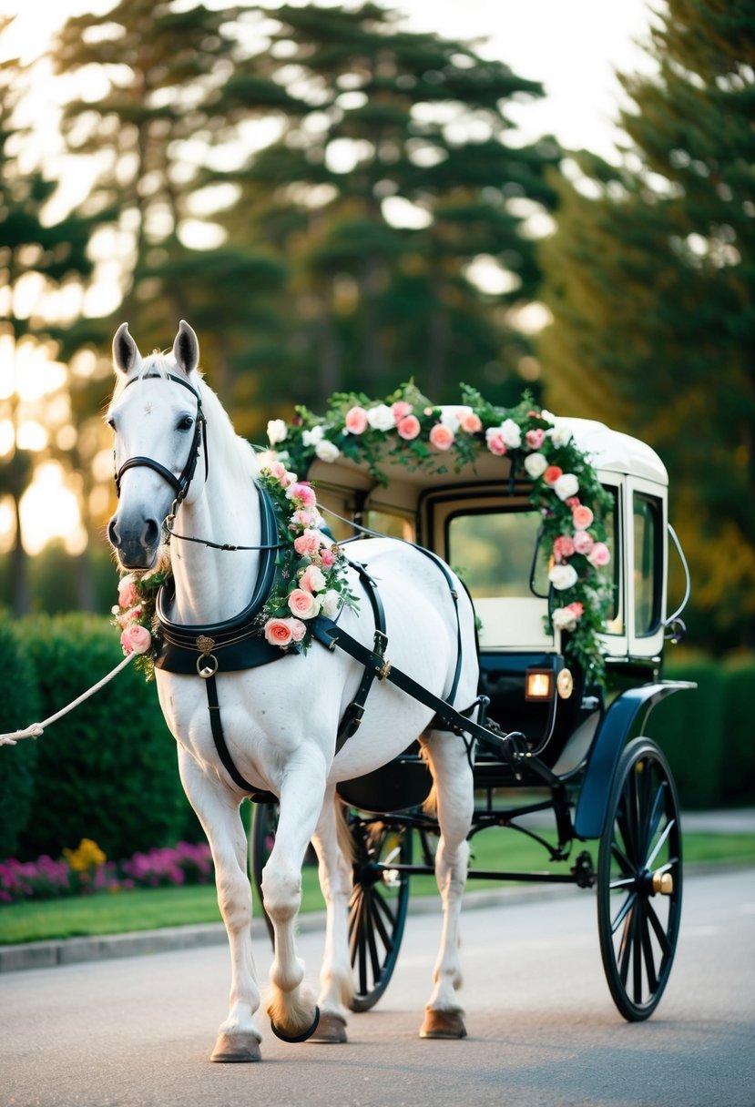 A white horse pulling a decorated carriage with flowers