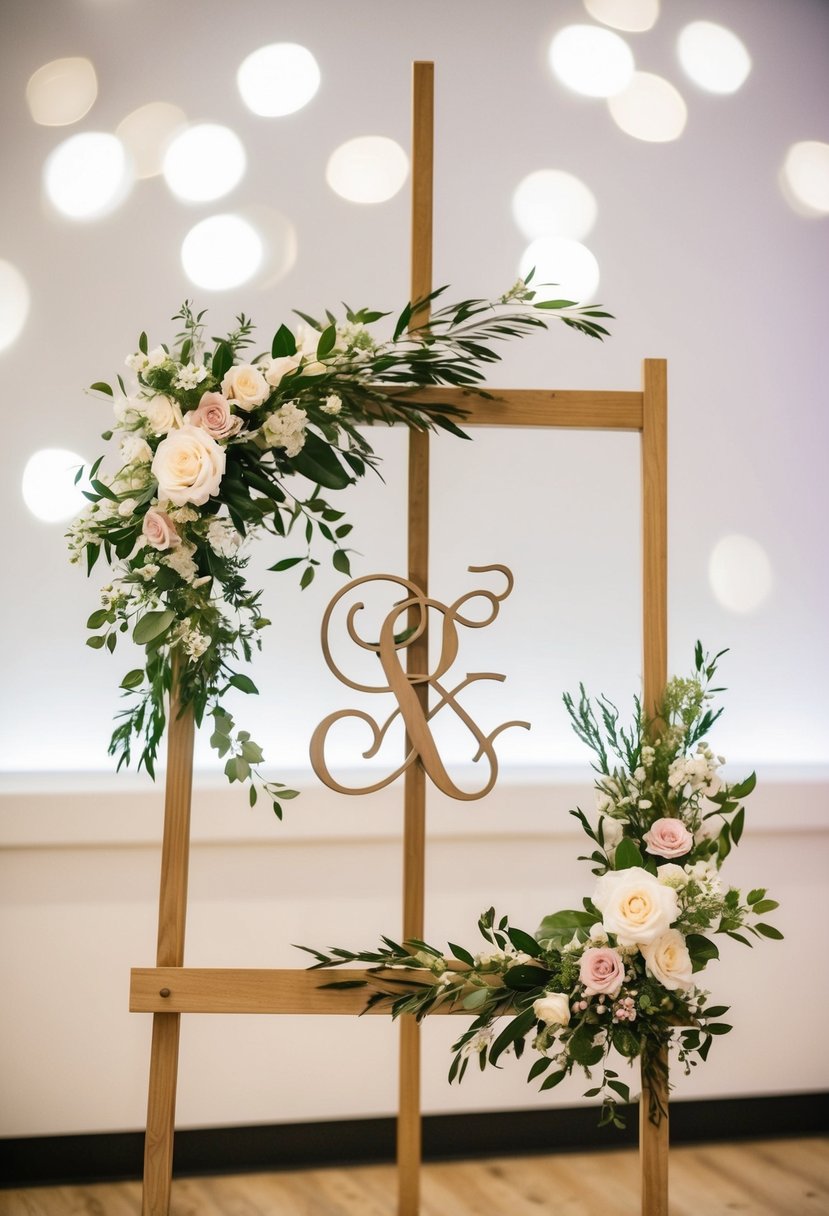 A wooden easel adorned with the initials of a couple, surrounded by delicate floral arrangements and soft lighting