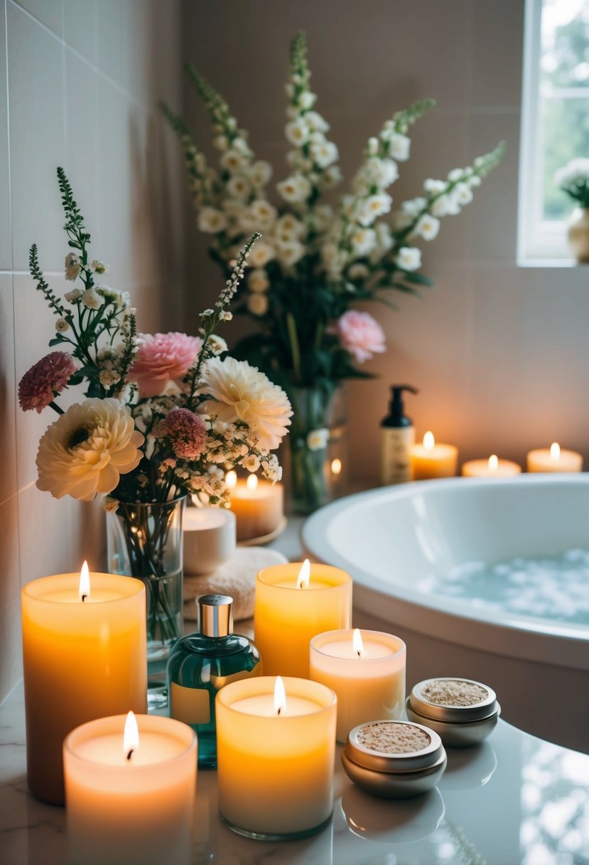 A tranquil bathroom filled with flickering candles, fragrant flowers, and luxurious bath products, creating a serene atmosphere for a romantic home spa day