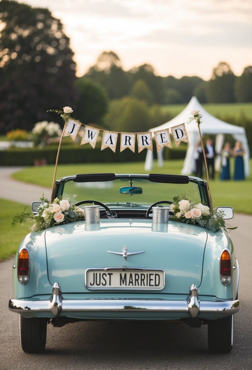 A vintage convertible with "Just Married" sign, tin cans, and floral decorations drives away from a wedding venue