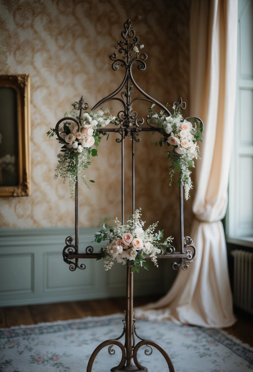 An ornate iron easel adorned with delicate floral details, set against a backdrop of vintage wallpaper and draped with flowing fabric