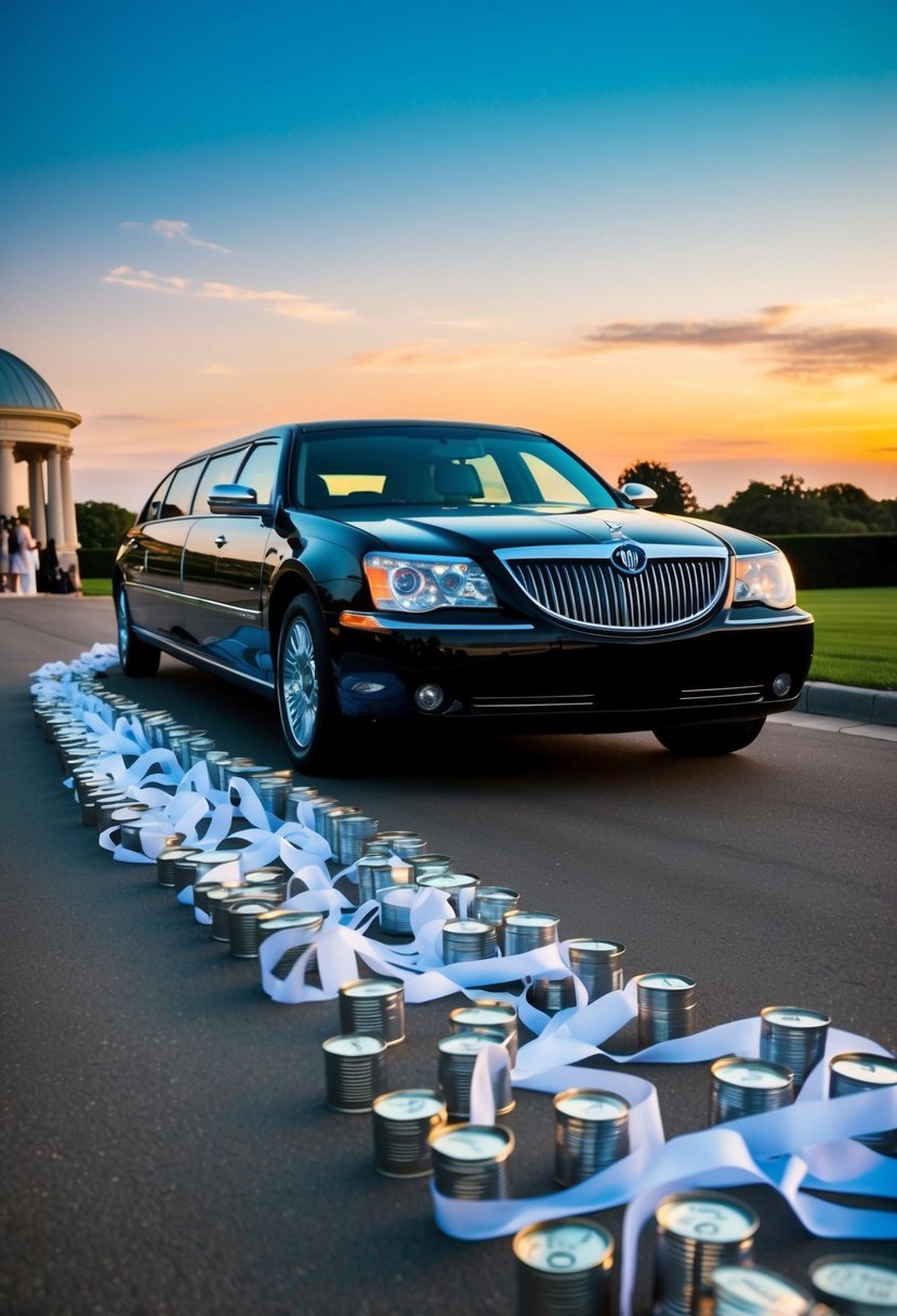 A sleek black limousine with white ribbons and tin cans trailing behind, driving off into the sunset from a grand wedding venue