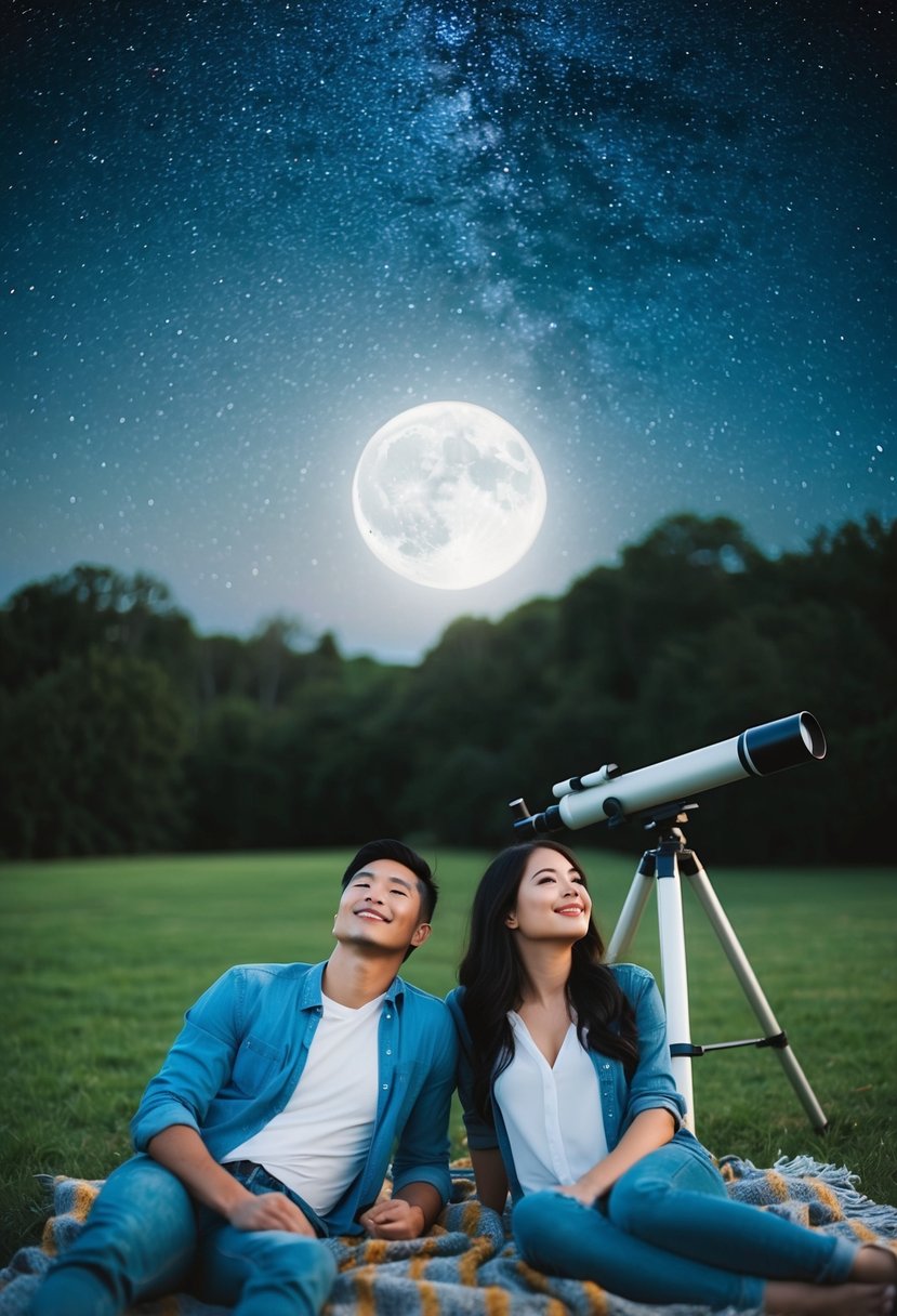 A couple lays on a blanket under a starry sky, a telescope beside them. The moon casts a soft glow as they gaze upwards