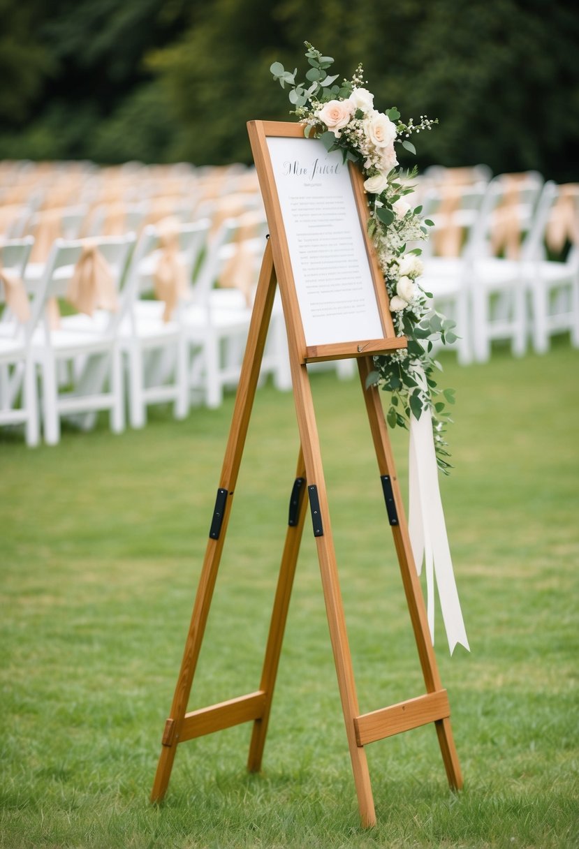 A collapsible easel stands on a grassy field, adorned with flowers and ribbons, ready for a wedding ceremony