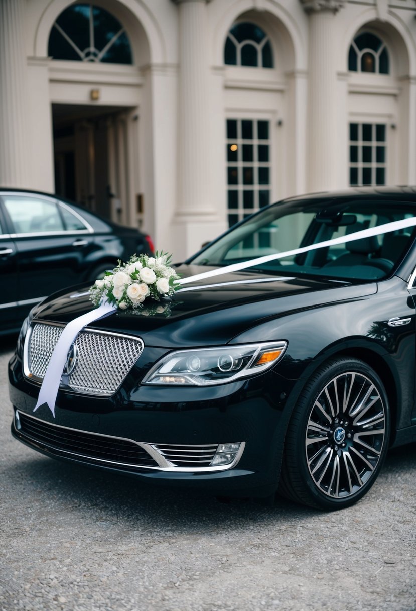 A sleek black luxury sedan adorned with white ribbons and flowers awaits the newlyweds, parked in front of a grand venue