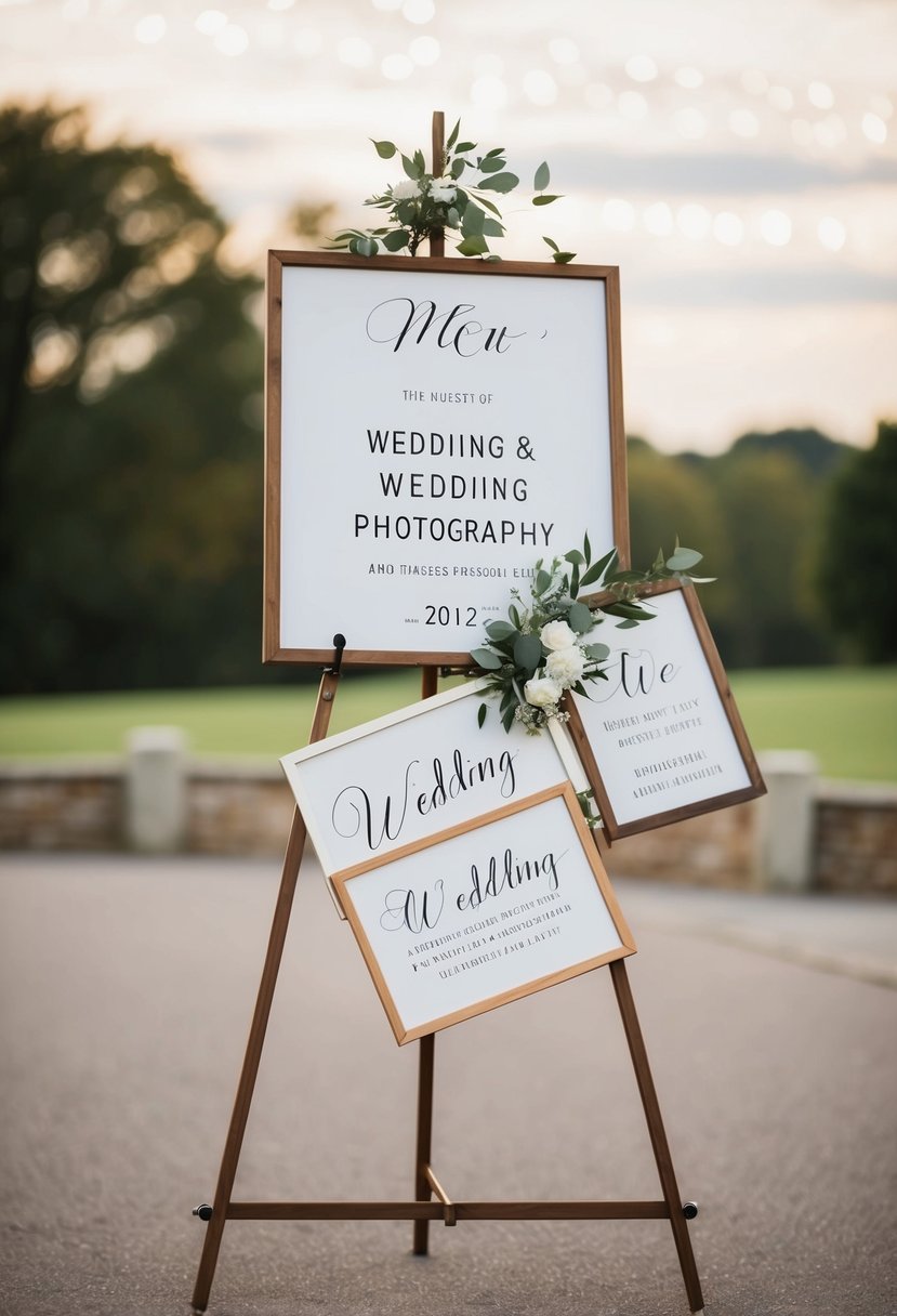 An adjustable easel holding various sized wedding signs