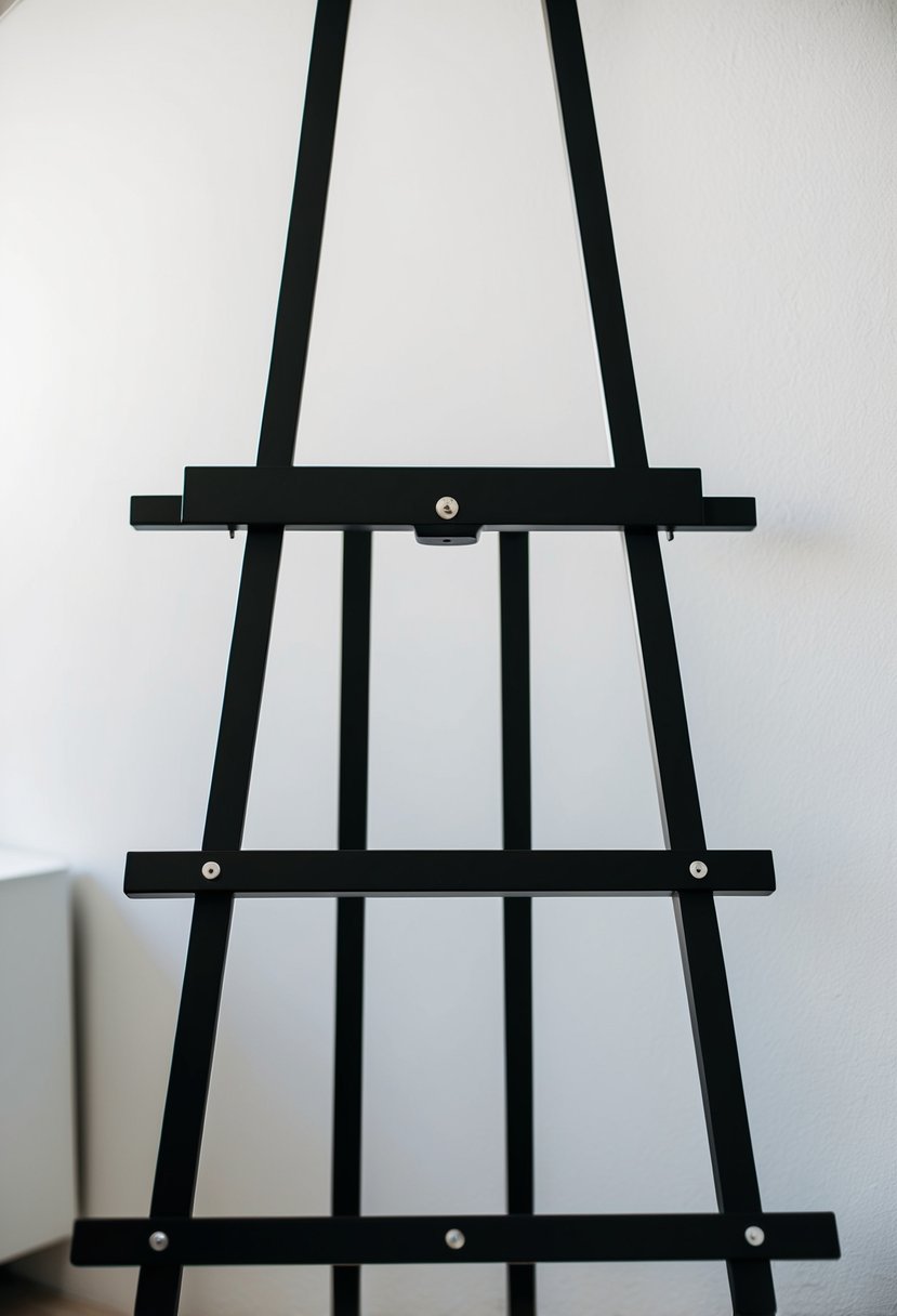 A sleek black easel against a white wall, with clean lines and minimalistic design