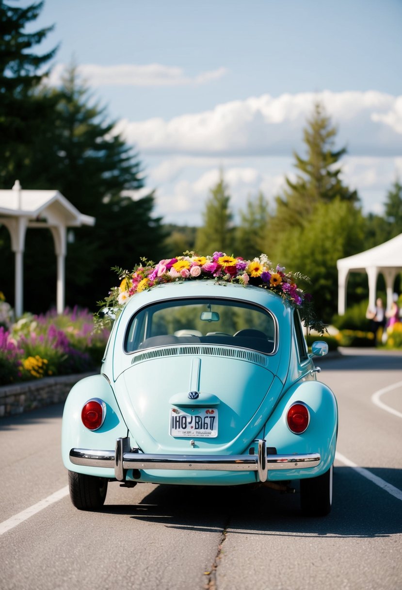 A Volkswagen Beetle adorned with colorful flowers drives away from a wedding venue, creating a whimsical and romantic getaway car scene