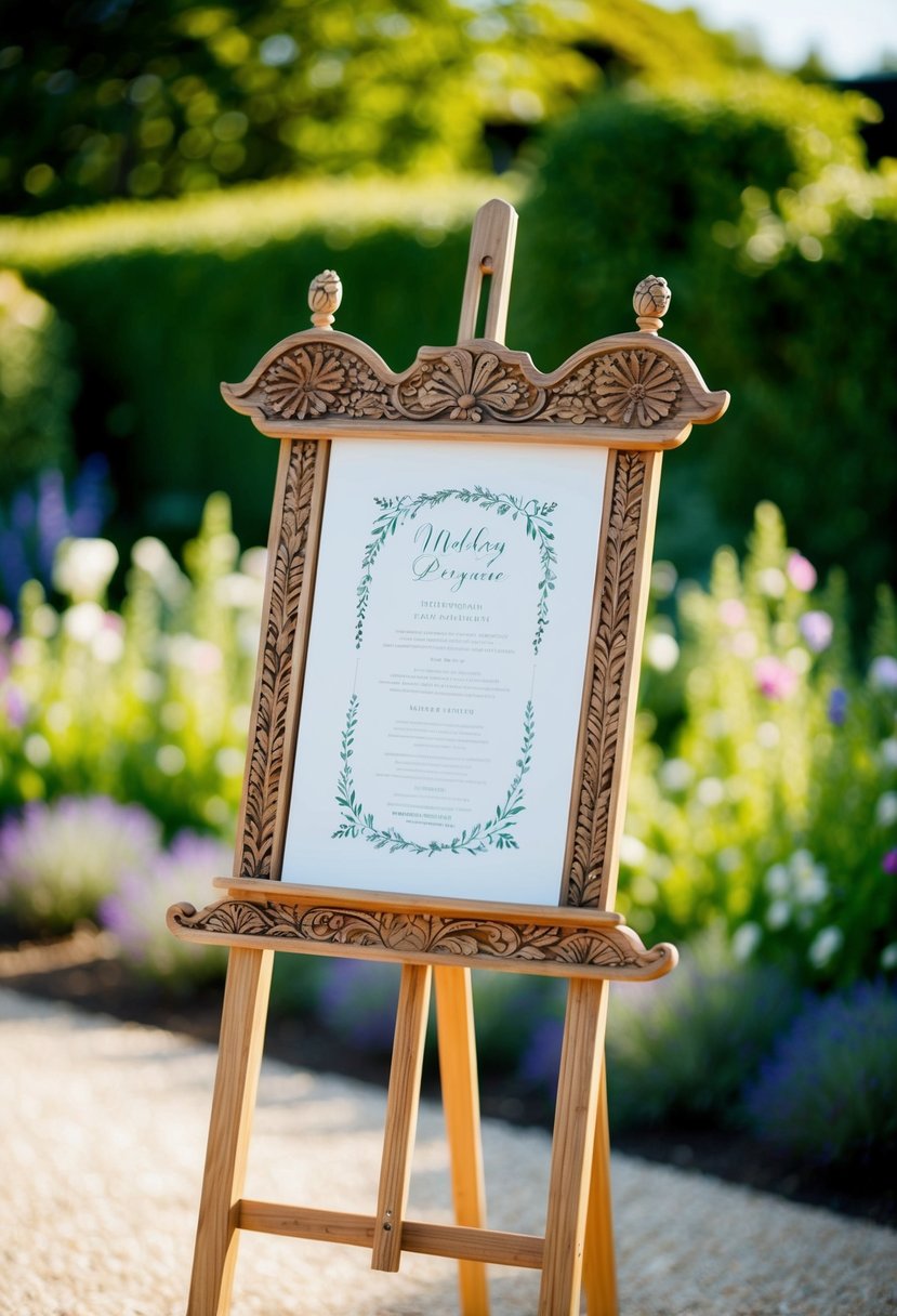 A handcrafted wooden easel adorned with intricate carvings stands in a sunlit garden, ready to display a beautiful wedding program