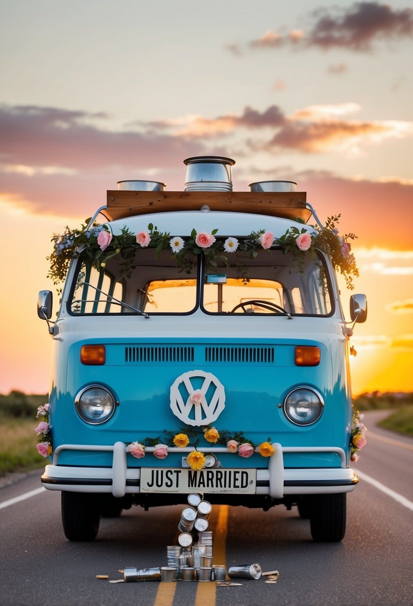 A vintage camper van decorated with flowers, trailing tin cans, and a "Just Married" sign drives off into the sunset