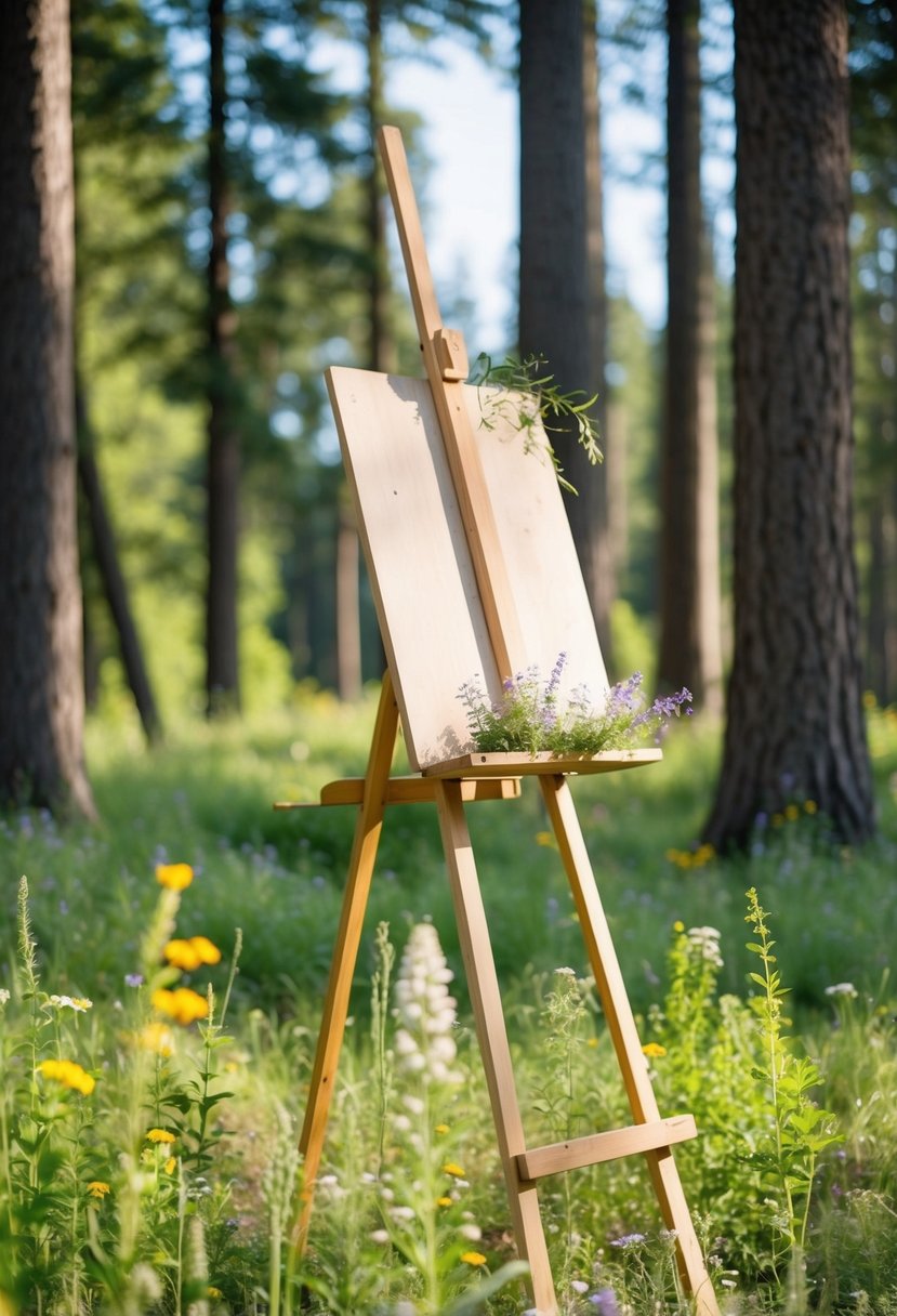 A natural pine easel stands in a forest clearing, adorned with wildflowers and greenery, surrounded by tall trees and dappled sunlight