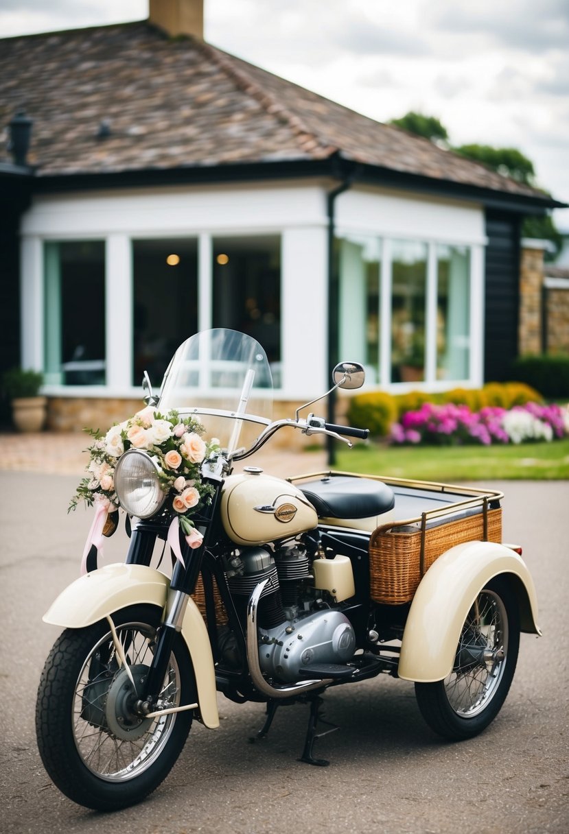 A vintage motorcycle with a sidecar decorated with flowers and ribbons, parked outside a wedding venue, ready for the newlyweds' getaway