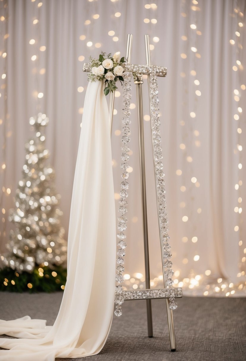 A silver easel adorned with delicate crystals and draped with flowing fabric, set against a backdrop of twinkling lights and shimmering decor