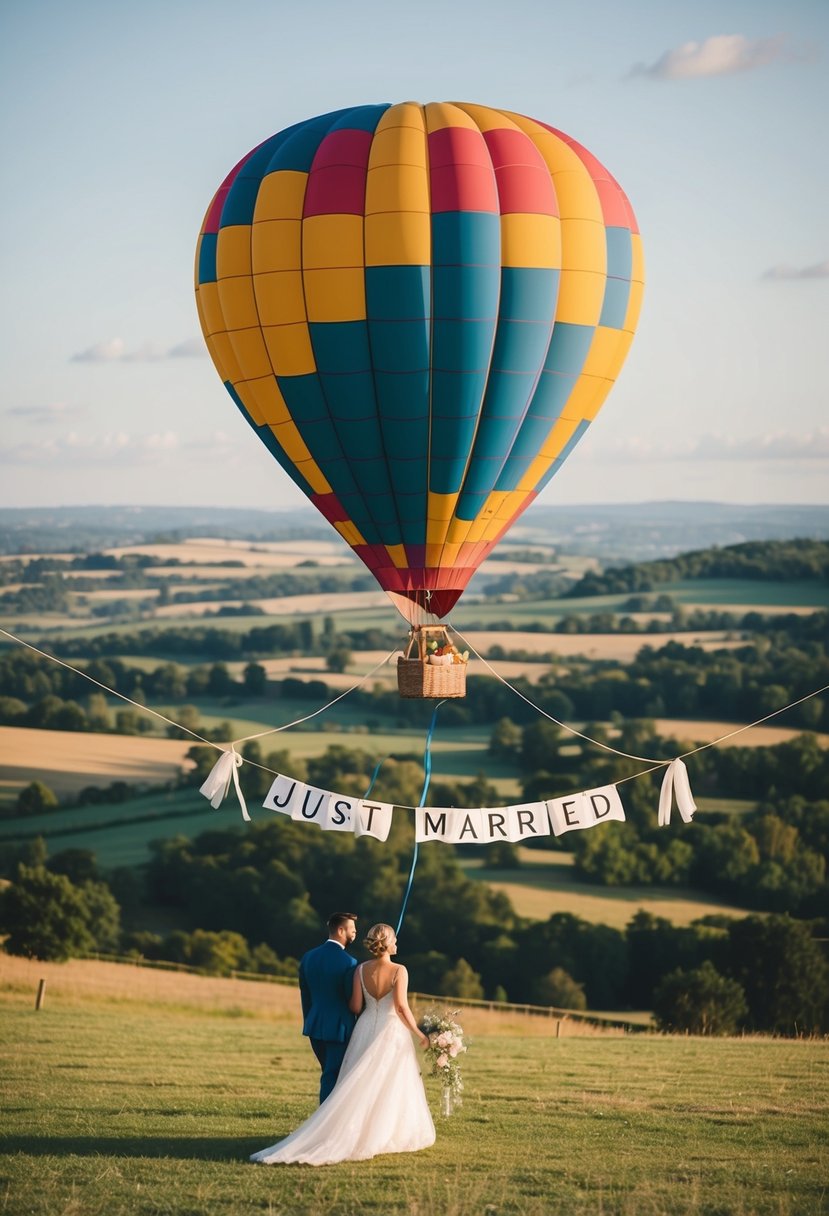 A colorful hot air balloon floats above a picturesque landscape, adorned with wedding decorations and a "Just Married" banner trailing behind