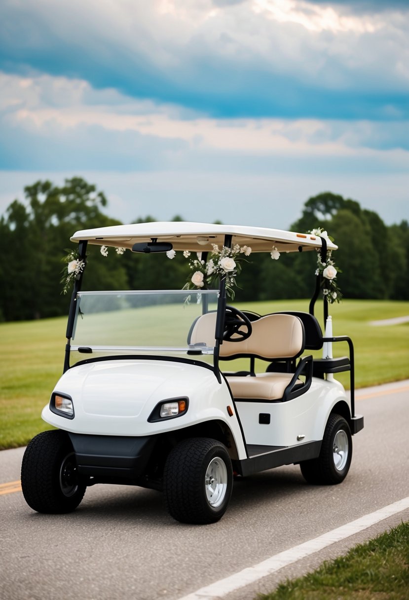 A golf cart adorned with wedding decorations drives off as a getaway car for the newlyweds