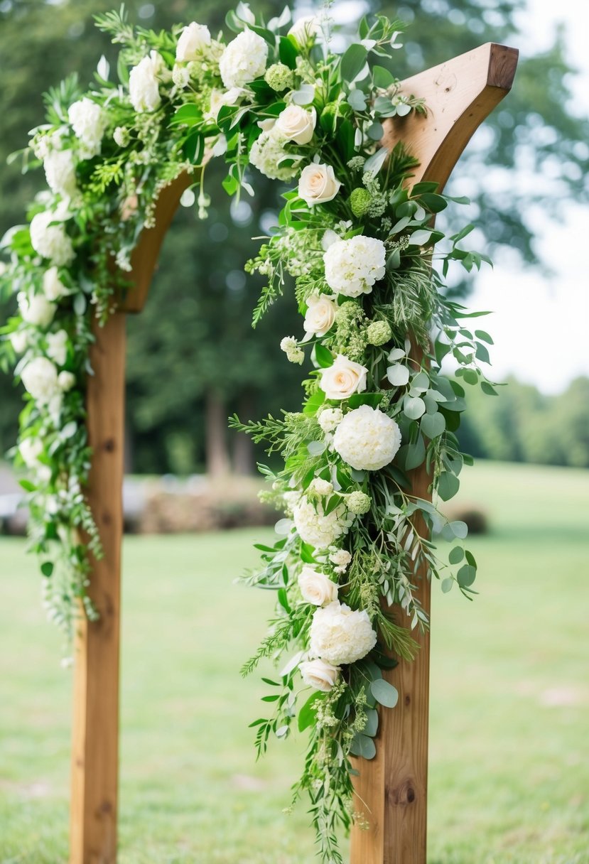 A rustic wooden arch adorned with fresh flowers and greenery, creating a romantic wedding garland