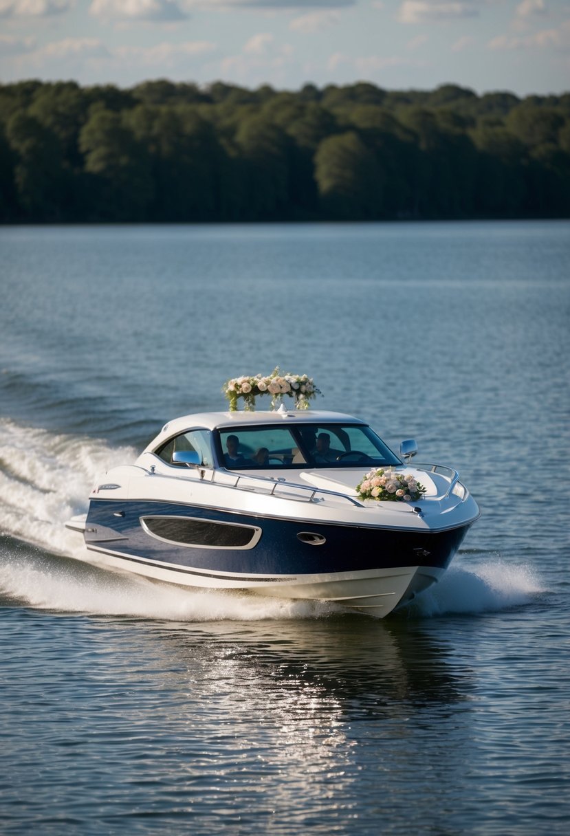 A sleek speedboat glides across a serene lake, adorned with wedding decorations for a romantic getaway