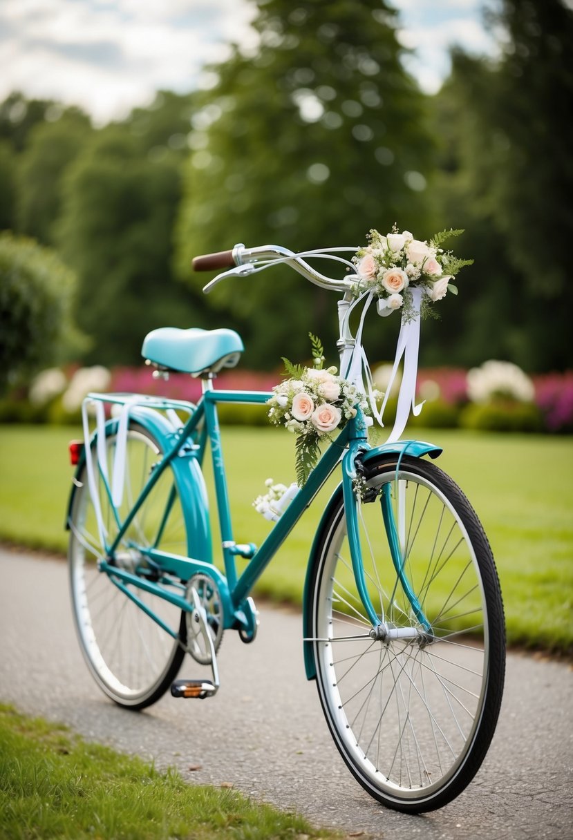 A classic tandem bicycle adorned with flowers and ribbons, ready for a wedding getaway