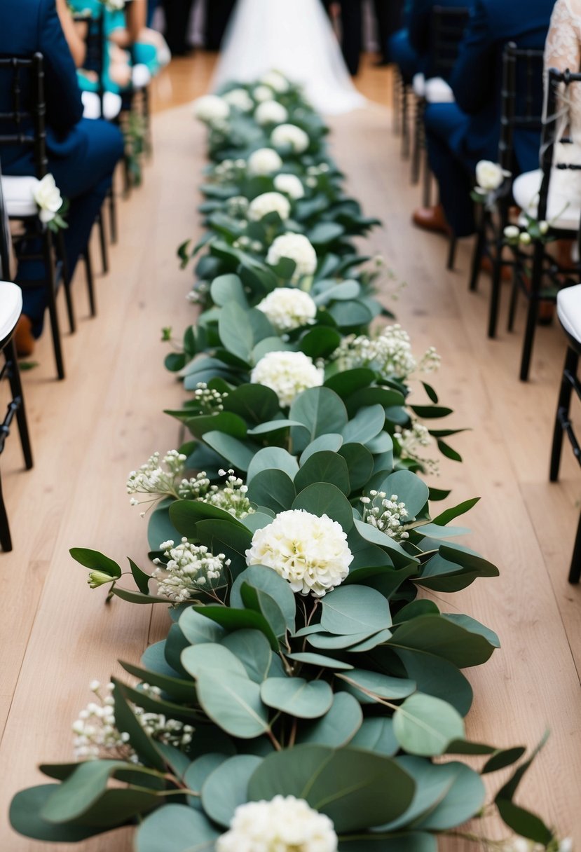 A lush eucalyptus aisle runner, woven with delicate white flowers, winding through a wedding ceremony