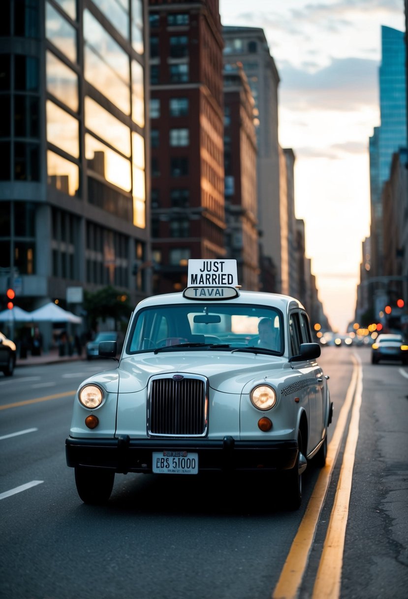 A vintage taxi cab with "Just Married" sign drives through city streets at sunset