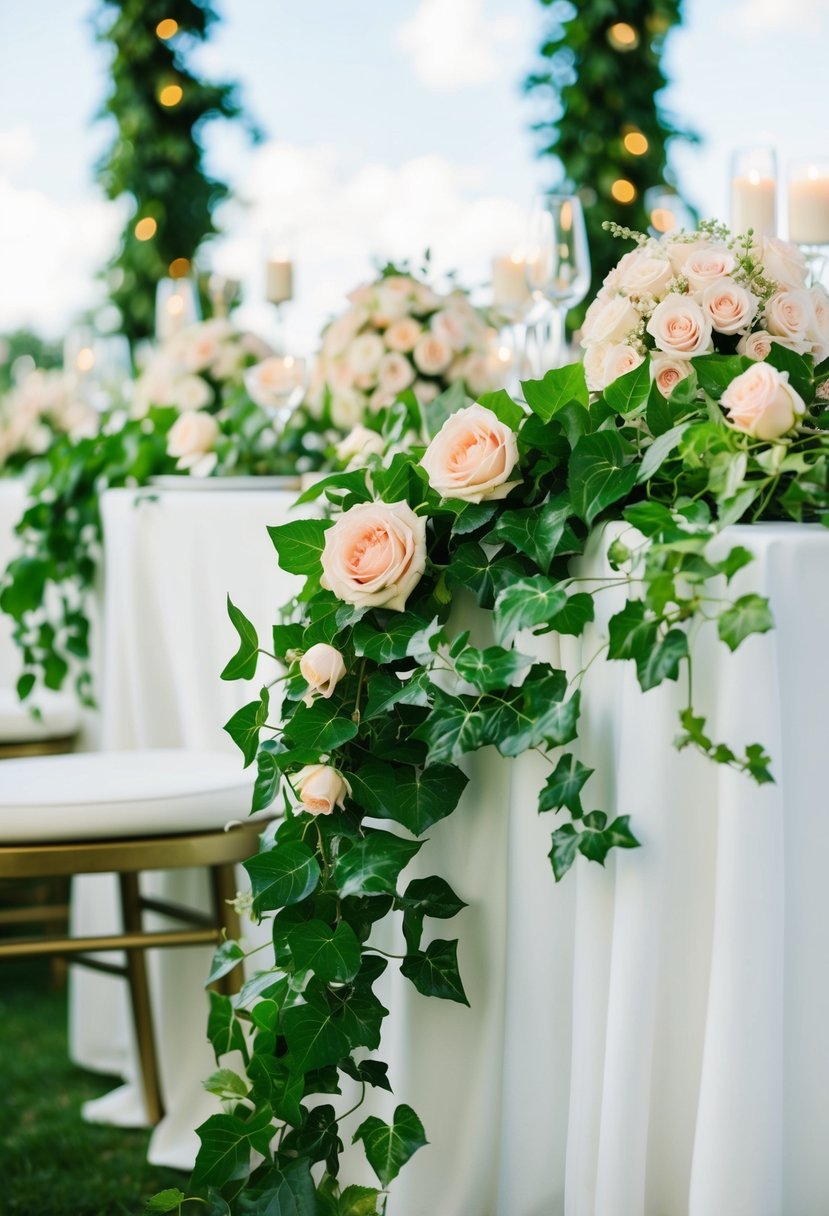 A lush garland of roses and ivy cascades down a wedding table, creating a romantic and elegant atmosphere