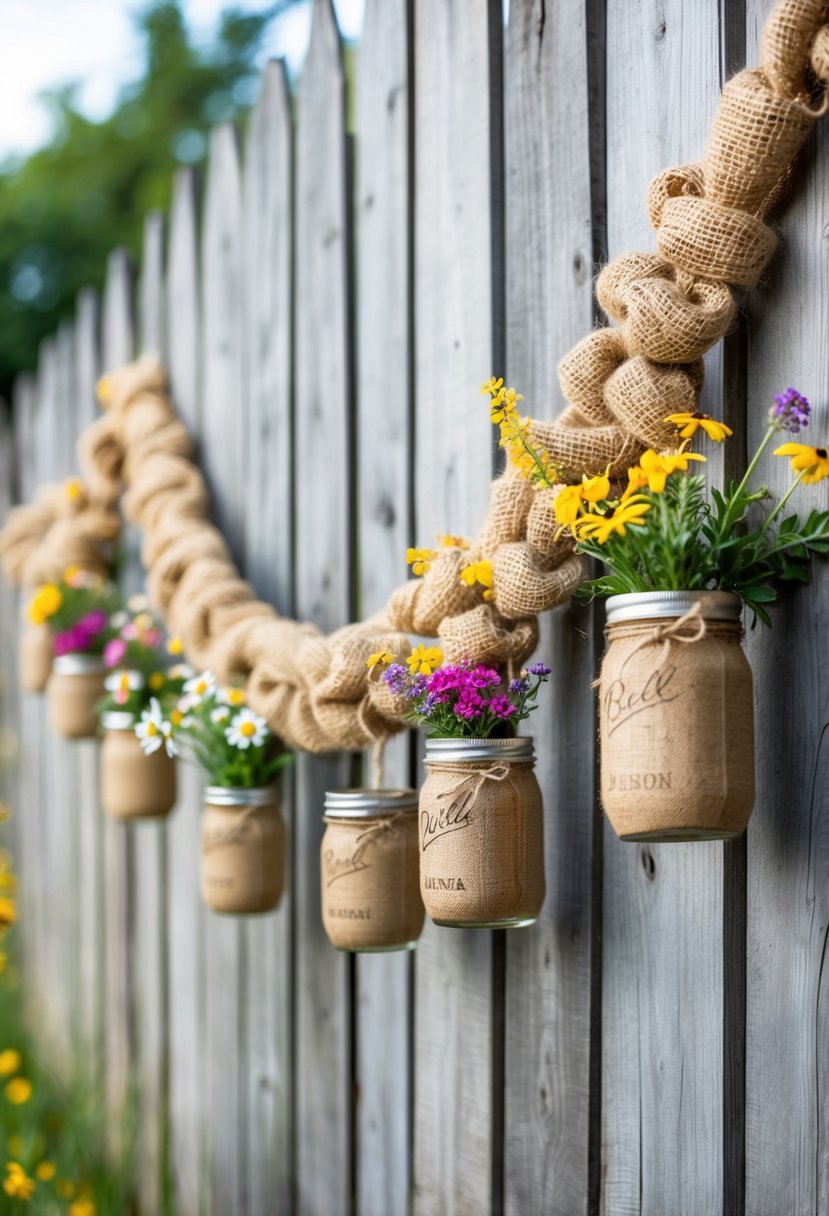 A rustic burlap and twine garland draped along a wooden fence, adorned with wildflowers and hanging mason jars