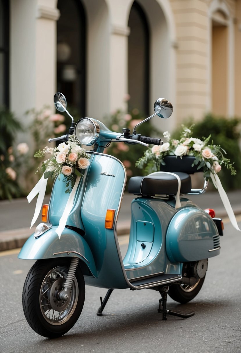 A sleek, vintage-inspired moped adorned with flowers and ribbons, ready for a stylish wedding getaway