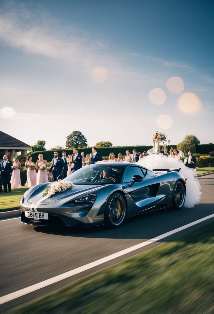 A sleek luxury sports car speeds away from a wedding venue, adorned with decorative ribbons and flowers, leaving a trail of excitement and celebration in its wake