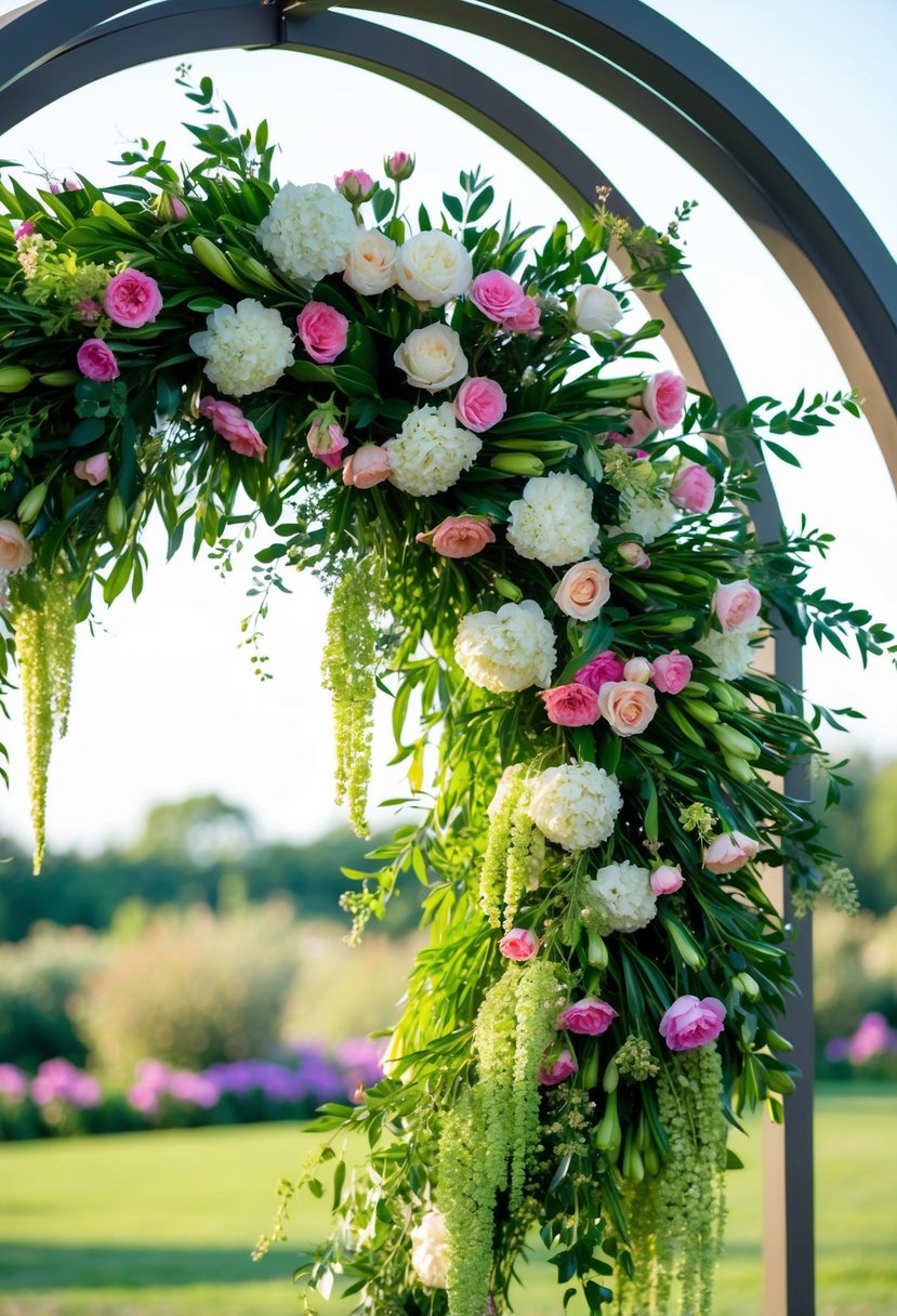 A lush floral wreath adorns an outdoor arch, with vibrant blooms and greenery cascading elegantly