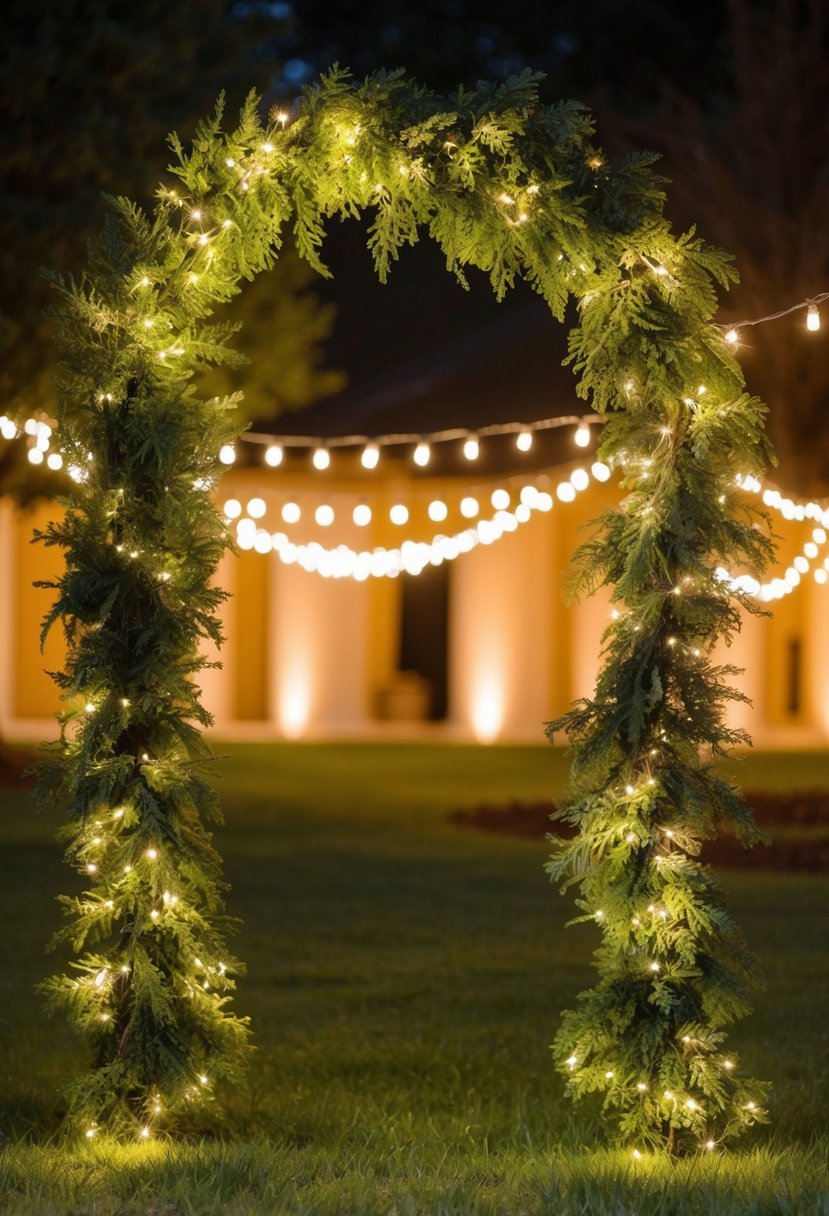 A lush garland of twinkling fairy lights drapes gracefully over an outdoor wedding arch, casting a warm and enchanting glow