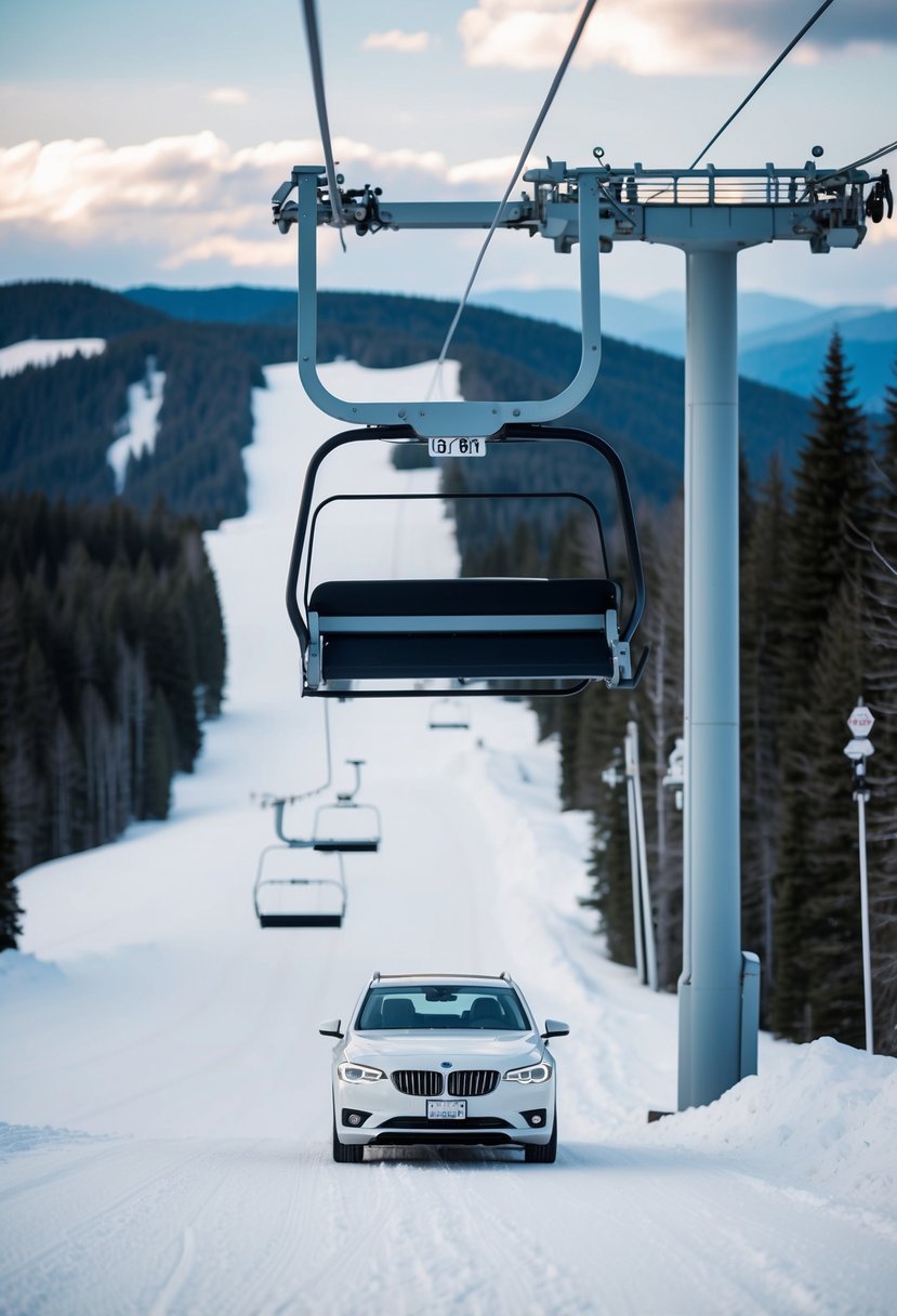 A ski lift exit with a wedding getaway car waiting at the bottom of the slope