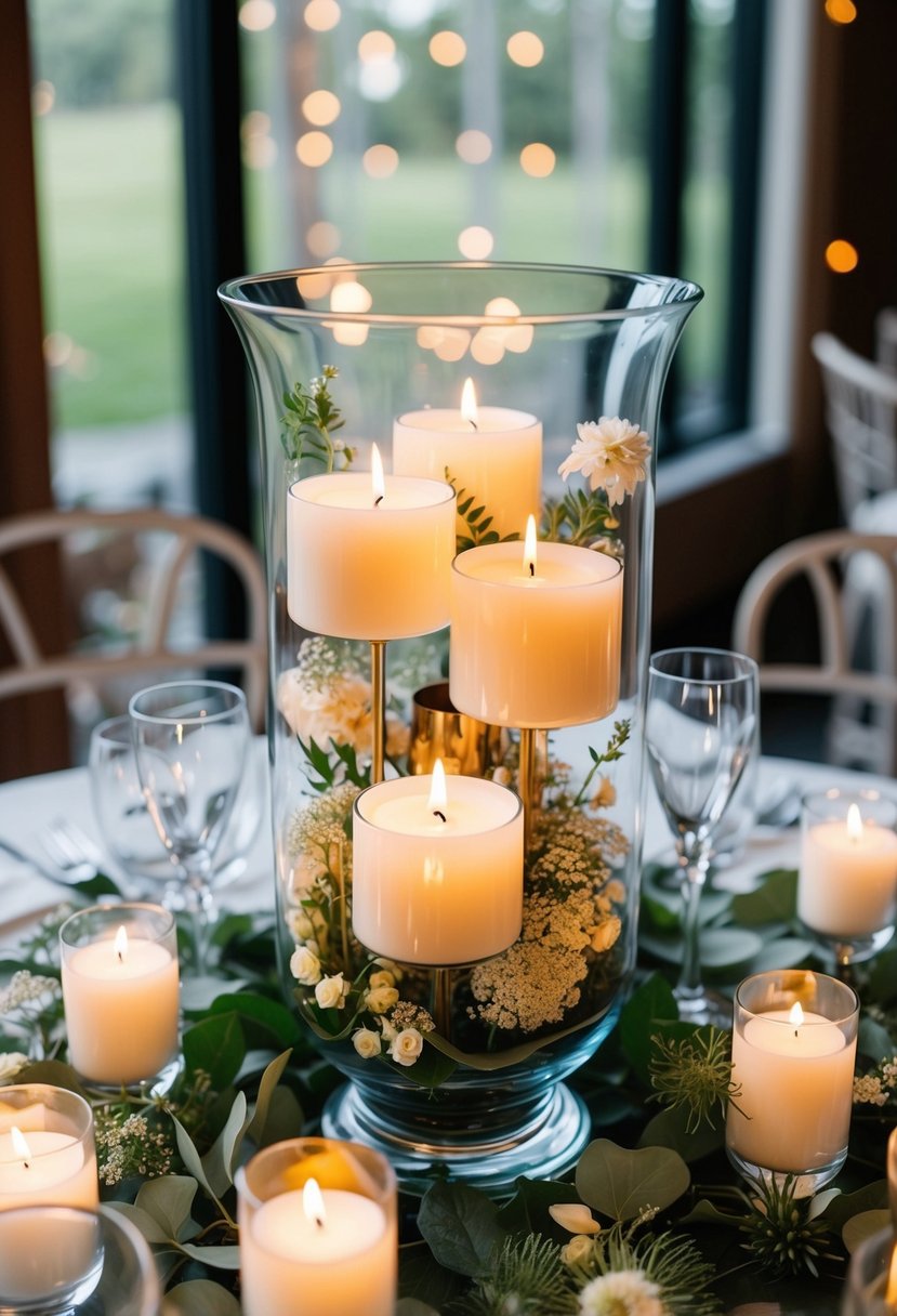 A hurricane vase filled with floating candles and surrounded by delicate flowers and greenery, serving as a stunning wedding centerpiece