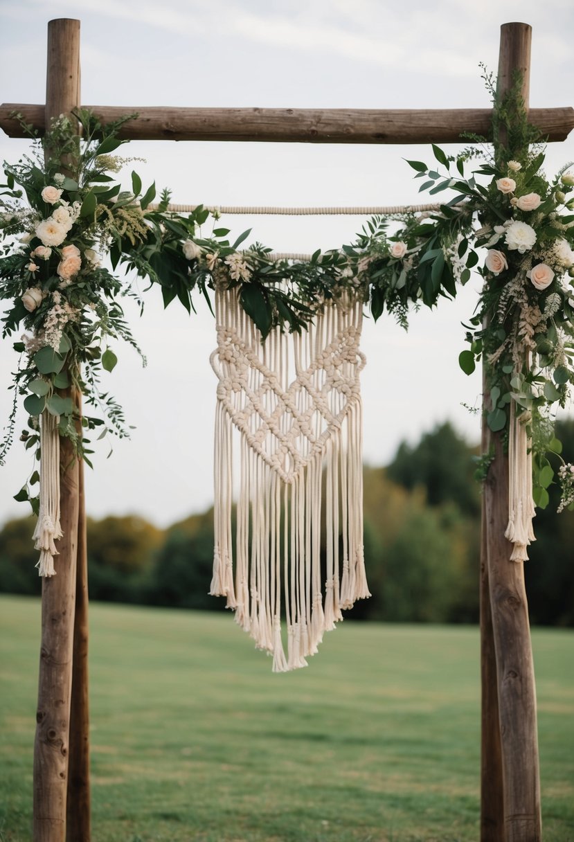 A bohemian chic macramé wedding garland adorned with lush foliage and delicate flowers hangs from a rustic wooden arch, creating a romantic and natural backdrop for the ceremony