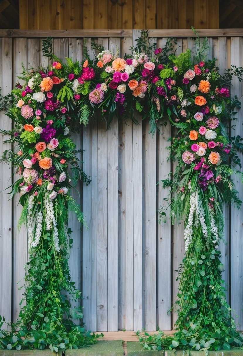 A lush, colorful garland drapes across a rustic wooden backdrop, bursting with vibrant blooms and greenery, creating a stunning wedding decor